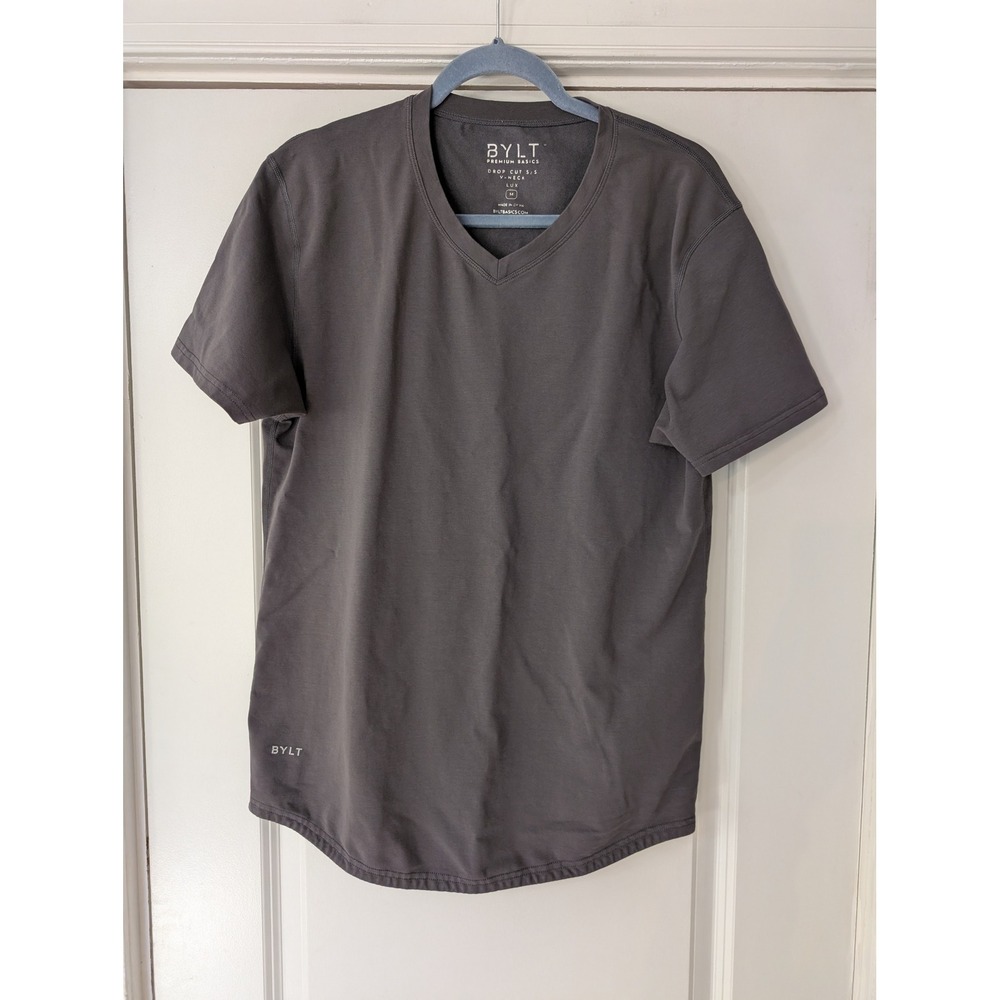 BYLT Premium‎ Basics Mens Drop Cut V-Neck Lux Short Sleeve Shirt Grey Medium